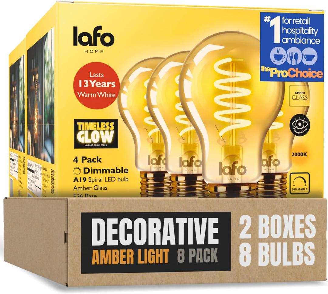 TimelessGlow 8 Pack Dimmable A19 LED Filament Bulb 5W 40W Equivalent Warm Amber 2000K E26 Base CRI80 Amber Glass Spiral Filament ETL FCC Certified Flicker Free Decorative Lighting