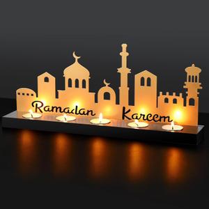 MorningRo Ramadan Kareem Decorations Islamic Candle Holder with 5 Tea Candles Eid Mubarak Metal Sign with Wood Base Ramadan Kareem Table Centerpieces Eid Al Fitr Muslim Party Gifts