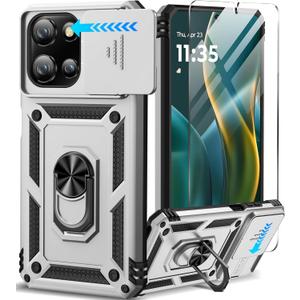 Taisairu for Motorola Moto G 2025/G 2026/G Play 2026 Case with Screen Protector & Slide Camera Lens Cover, Built-in Ring Stand Case for Moto G 2026/G 2025/G Play 2026 (Silver)