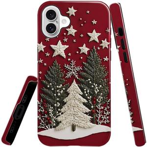 Generic Case Compatible with iPhone 16 Plus,Scratch Resistant Hybrid 2-Layer Hard Shell Bright Phone Case,Winter Christmas Tree Star Red