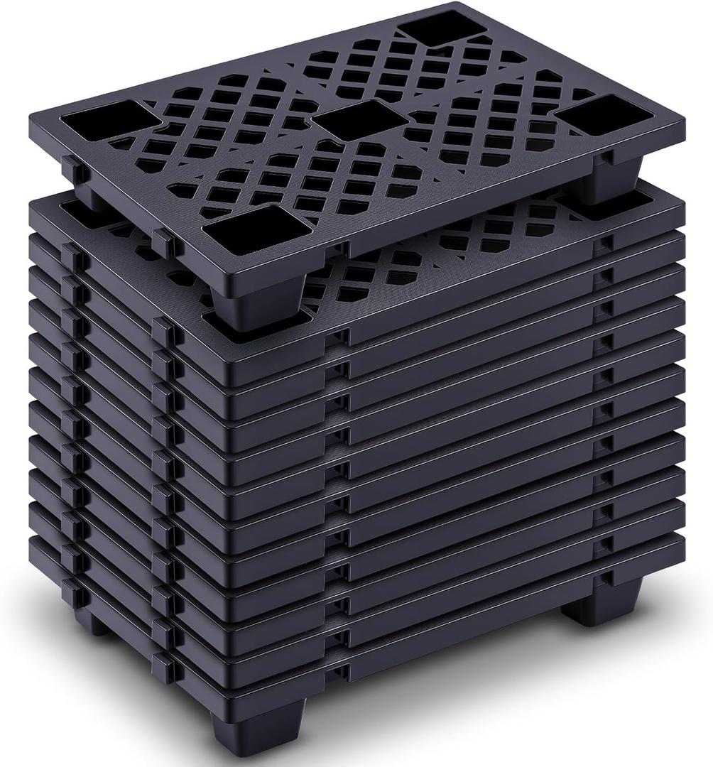 Briwooody 12 Pcs Plastic Pallet Lightweight Nestable Polyethylene Pallets 23.6" x 15.8" x 3.9" Interlocking Storage Pad with Breathable Grids for Basement Restaurant Kitchen Supermarket (Black)