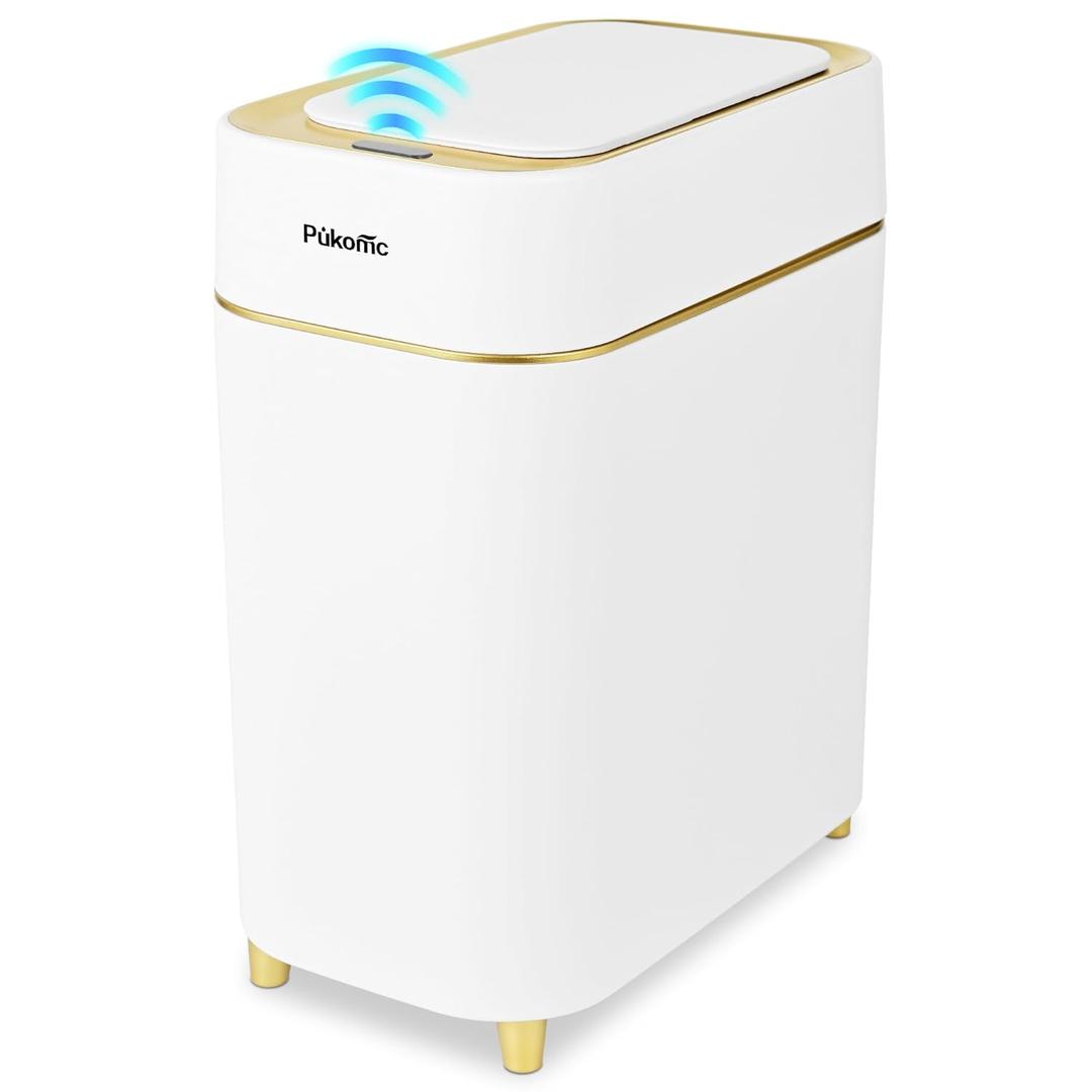 Pukomc 2.3 Gallon / 9L Automatic Adsorption Sensor Trash Can, White Gold Motion Sensor Garbage Bin with Suction, Slim Fashionable Design for Kitchen, Bathroom, Office & Small Space