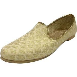 Mens Ethnic Designer Punjabi Jutti for Men Cream Gold Shoes Wedding Khussa Traditional Handmade Loafers (10.5)