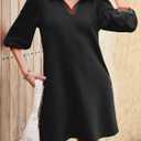 Wenrine Womens 3/4 Sleeve Mini Dress Casual V Neck Collared Textured Loose Fall A Line Argyle Dresses with Pockets (Medium)