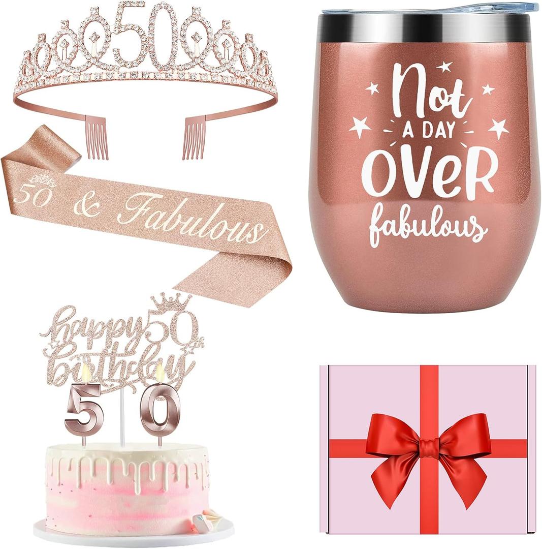 50th Birthday Decorations for Women with 12oz Tumbler/Mug Wine or Coffee, 50th Birthday Sash and Crown, Cake Topper and Candles, 50 Year Old Gifts Idea Rose Gold