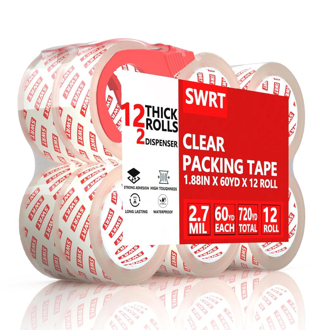 SWRT 2.7Mil Thick Ultra Clear Packing Tape, 12 Rolls Heavy Duty Packaging Tape with 2 Dispensers for Shipping Packaging Moving Mailing, Thicker Sealing Tape-1.88" x 60 Yards Per Roll, 720 Total Yards