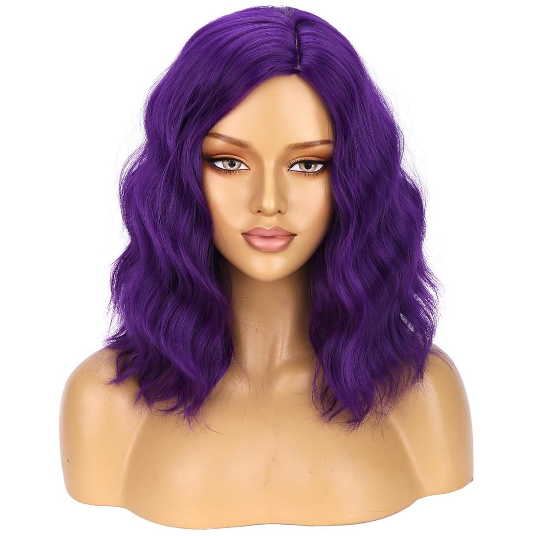 BERON Purple Short Wig Women Girls Curly Wavy False Hair Wigs Body Costume Cosplay Daily Party Heat Resistant Synthetic Wigs