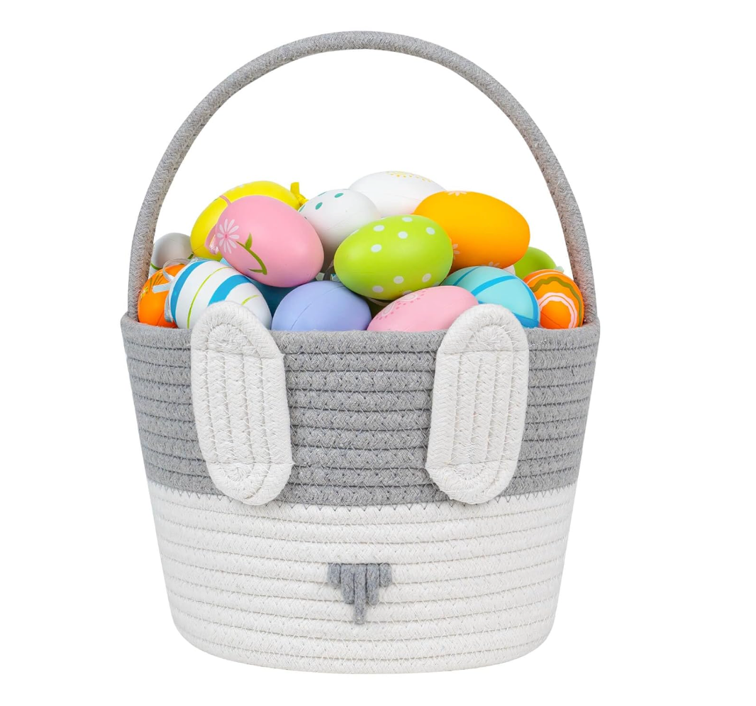 CubesLand Blue Easter Baskets for Easter Eggs Hunt, Boys Easter Basket Lovely Bunny Basket Colorful Woven Basket First Easter Gifts for Boys Babies Kids Children 9.8 x 7.8 x 7.8”