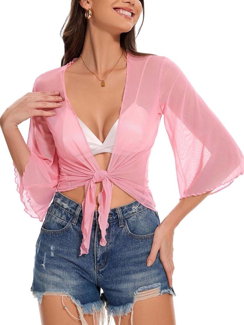 Women's Short Cardigan Bolero Shrug Sheer Tie Front Top 3/4 Sleeve Jacket for Dress 2026 (Pink, M)
