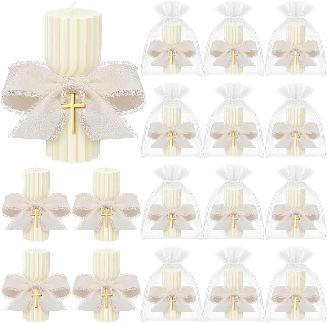 Conelist 12 Set Baptism Candle Cirios Pascual Catolico Catholic First Communion Candles with Bows and Crosses Church Prayer Gifts for First Communion Baby Christening Party Favor, 4.53 x 1.57 Inch