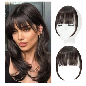 Clip in Bangs, Synthetic Wispy Bangs Hair Clip, Dark Brown Fake Bangs Fringe with Temples Hairpieces for Women Natural Curved Hair Extensions for Daily Wear