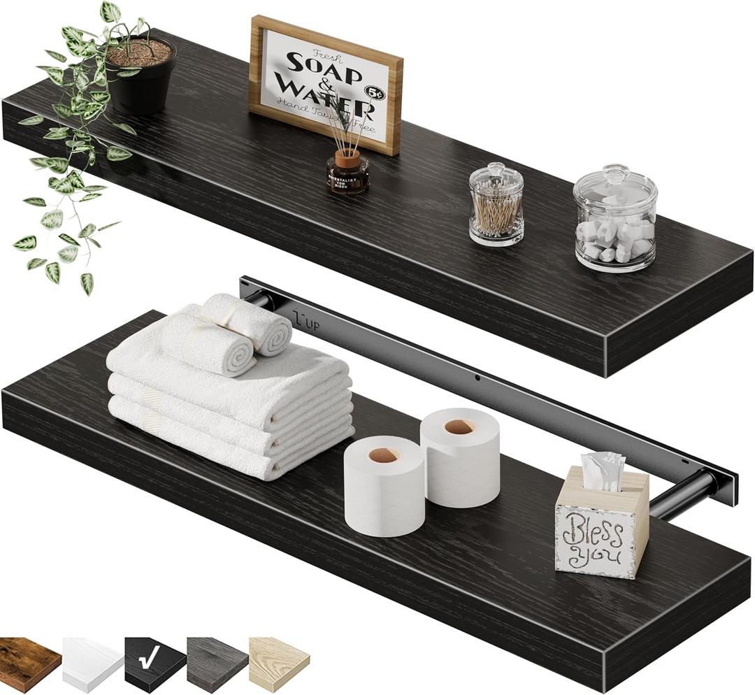 QEEIG Floating Shelves for Wall 23.6" Long - Wall Mounted Shelf Bathroom Kitchen Living Room Bedroom Farmhouse Home Decor Display Bookshelf Large 23.6 x 9.3 inch Set of 2, Black (008-60B)