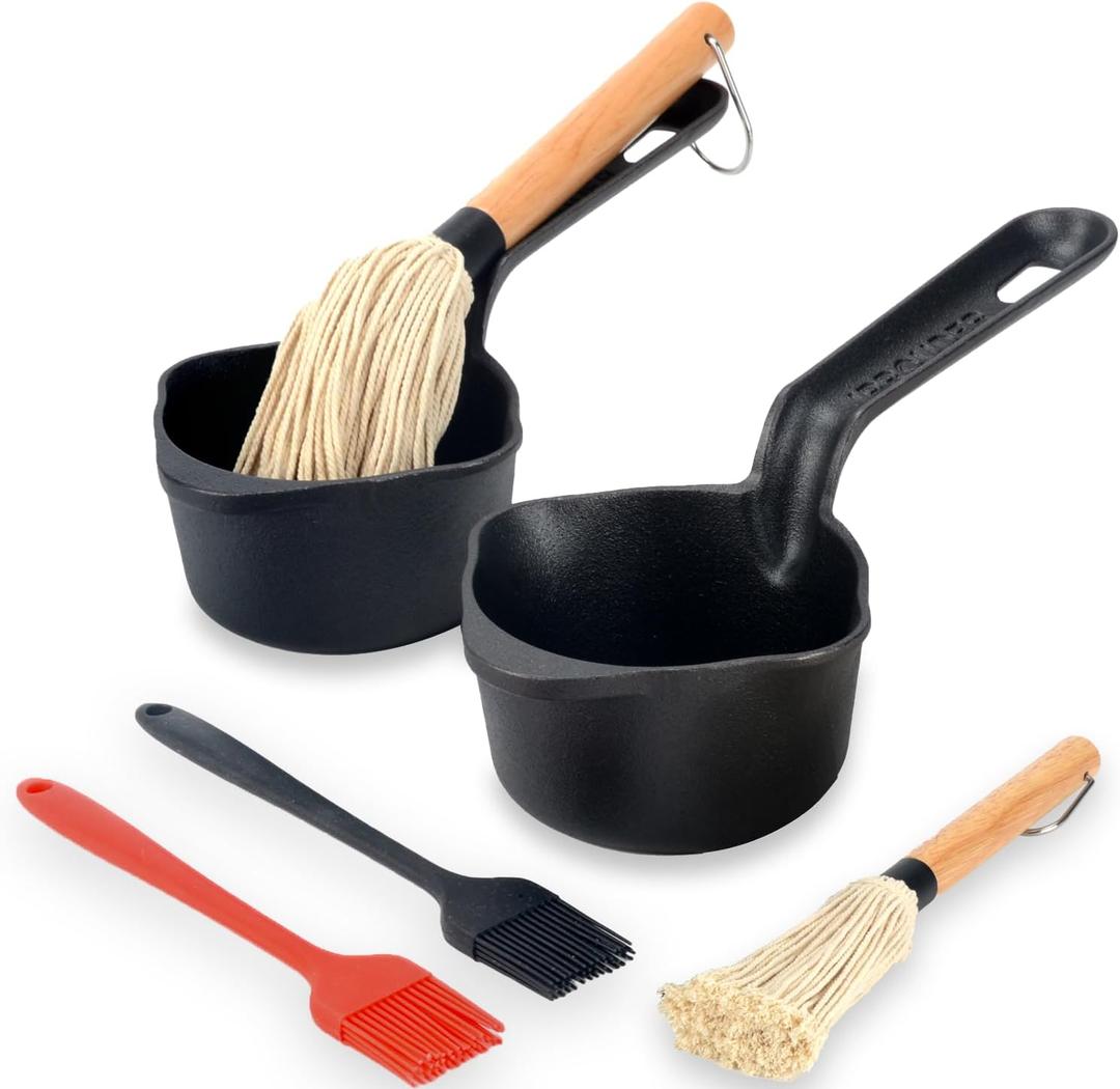 Cast Iron Sauce Pan and Basting Pot with BBQ Mop Brushes - Cast Iron Small Sauce Pots 2 Pcs for Grilling, Melting, Camping Cooking & Stoves - Mini Pot for Butter Melter