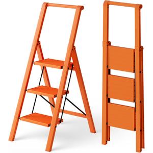 HillhutApex 3 Step Foldable Aluminum Step Ladder with Handgrip, Anti-Slip Pedal, 330 lbs Capacity, Lightweight & Portable for Home, Kitchen, Office, Garage (Orange)
