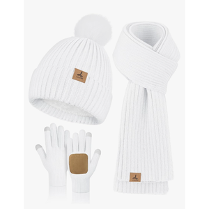 LOROME Women Winter Beanie Hat Scarf Gloves Set, Fleece Knitted Pompom Hat Warm Neck Scarf Touchscreen Gloves Winter Gift, One Size