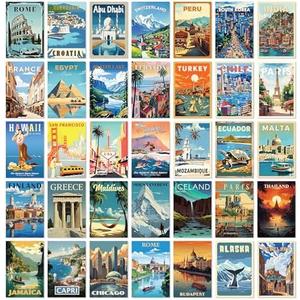 97 Decor Vintage Travel Decor - Travel Posters Wall Art Prints, Vintage Postcards from Around The World, City Landscape Aesthetic Pictures Retro Popular Cities Photo Collage Kit for Teen Bedroom (4x6)