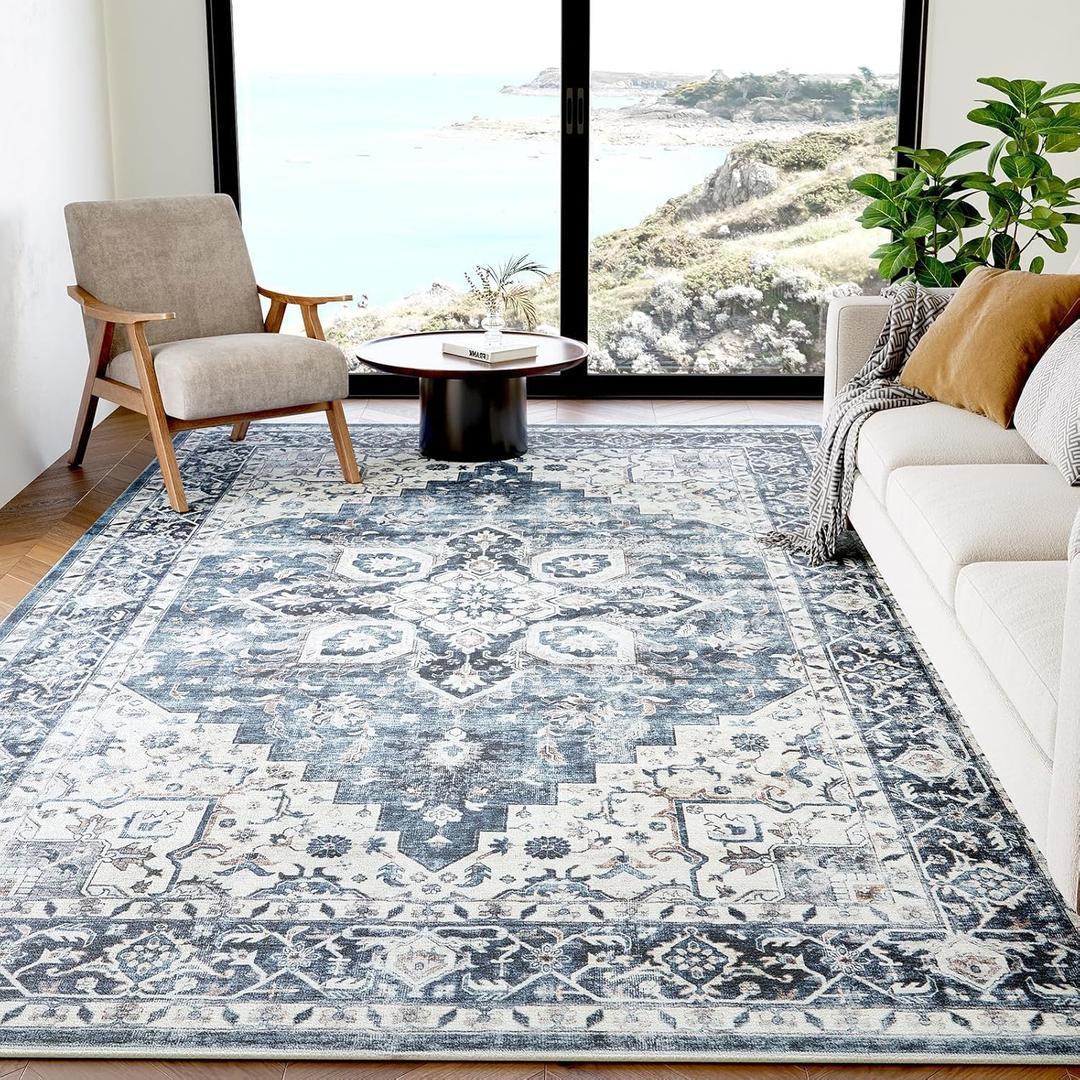 AMADA HOMEFURNISHING 6x9 Area Rugs, Blue Low-Profile Washable Rug with Non-Slip Backing & Durable Edge Binding, Vintage Rugs for Living Room, Bedroom, Dinning Room