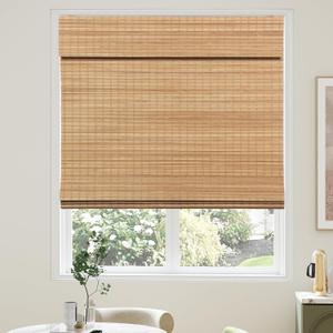 AGESISI Bamboo Roman Shades with Valance Cover, Cordless Blinds for Indoor Windows, Blackout Woven Wood Shades for Home & Patio, Privacy Protection, 34" W x 64" H, Carbonized