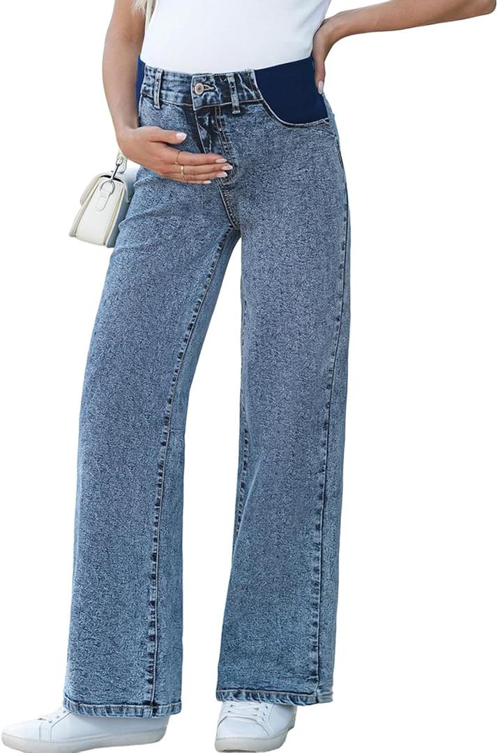 BLENCOT Maternity Jeans for Women High Waist Straight Leg Pregnancy Denim Pants with Pockets (Beige, L)