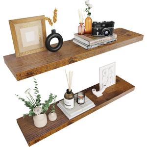 Colima Upgraded Floating Shelves for Wall Brown Wood Wall Shelf for Bedroom, 36 Inch Wall Mounted Floating Shelves for Bathroom Living Room, 1.3" Thick Floating Book Shelves for Wall, Set of 2