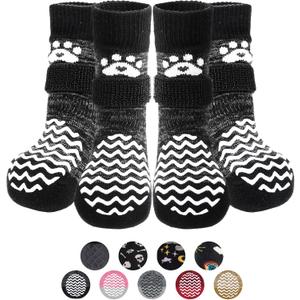 PUPTECK Anti Slip Dog Socks 2 Pairs with Double Grippers for Hardwood Floors, Shoes for Hot/Cold Pavement, Boots & Paws Protectors to Prevent Licking, Traction Booties for Senior Small Large Dogs (Black(Wave))