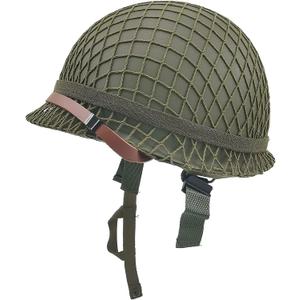 WWII US Army M1 Helmet, WW2 Gear, WW2 Helmet Metal Steel Shell Replica with Net/Canvas Chin Strap/Cat Eye Band