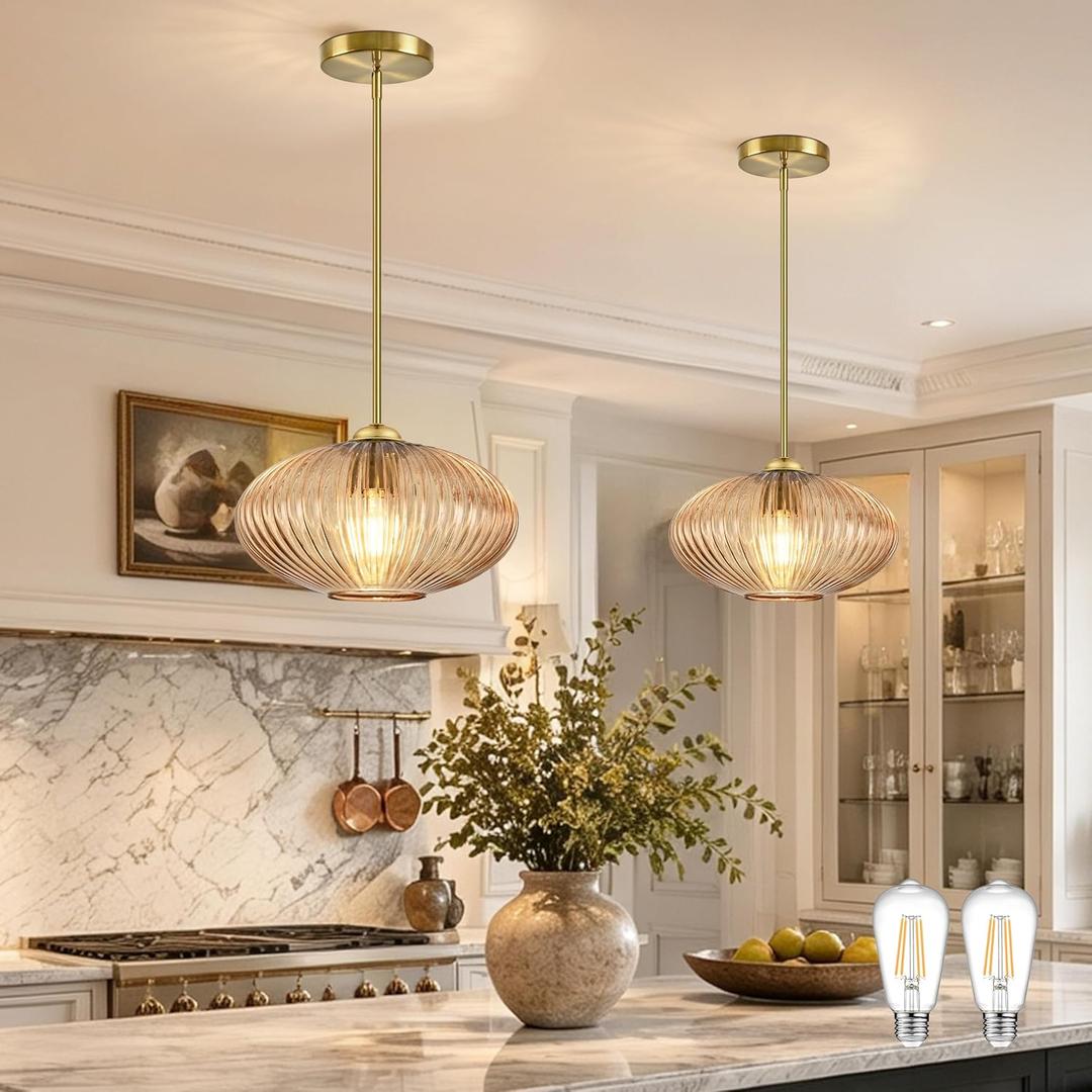 12" Mid Century Modern Pendant Light 2 Pack Amber Vintage Pendant Lights Kitchen Island Ribbed Glass Pendant Light Adjustable Hanging Pendant Light for Dining Room Bedroom (Bulb Included)