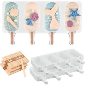 Sakolla Large Silicone Popsicle Molds Set of 3, Oval 4 Cavities Homemade Ice Pop Molds with 150 Wooden Sticks for Ice Cream, Cakesicles, Cake Pop (White)