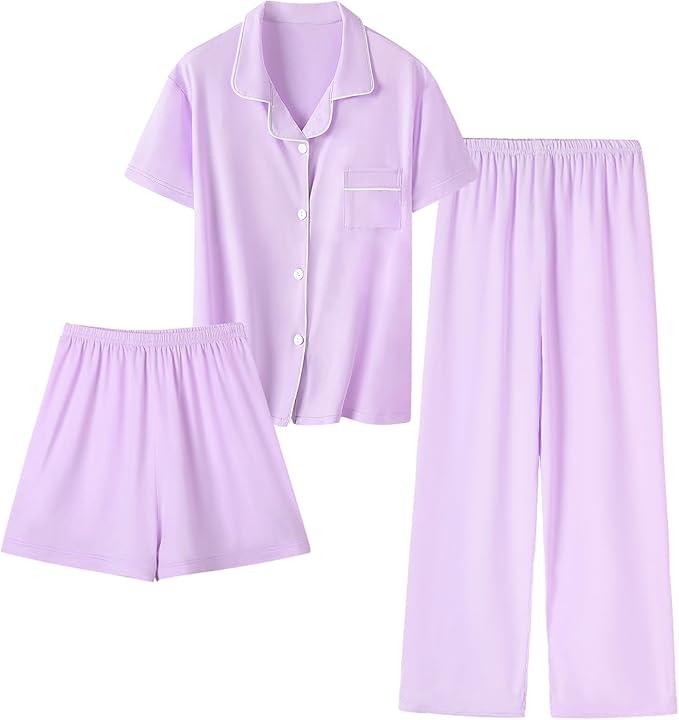 Umeyda Girls Lyocell 3 Piece Pajamas Set Button Down PJs Set Soft Loungewear Short Sleeve Sleepwear, Size: 13-14 Years