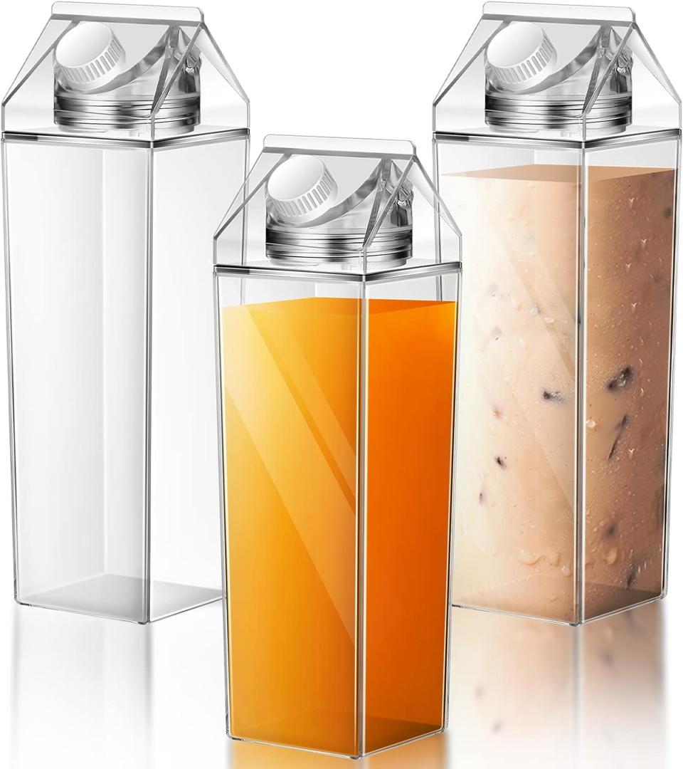 Remerry 3 Pcs Milk Carton Water Bottle Square Plastic Coffee Portable Reusable Milk Carton Cup Leakproof Juice Bottle (Clear)