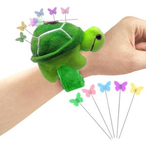Cute Turtle Wrist Pin Cushion for Sewing with Magnetic, Snap Bracelet Wrist Bands for Pins and Needles Include 50 Lovely Butterfly Straight Pins.