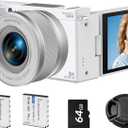 5K Digital Camera for Photography, 72MP Autofocus Vlogging Camera with 6X Optical Zoom, 2.8" 180 Flip Screen Video Camera for YouTube with Anti-Shake, 64GB SD Card, 2 Batteries, White