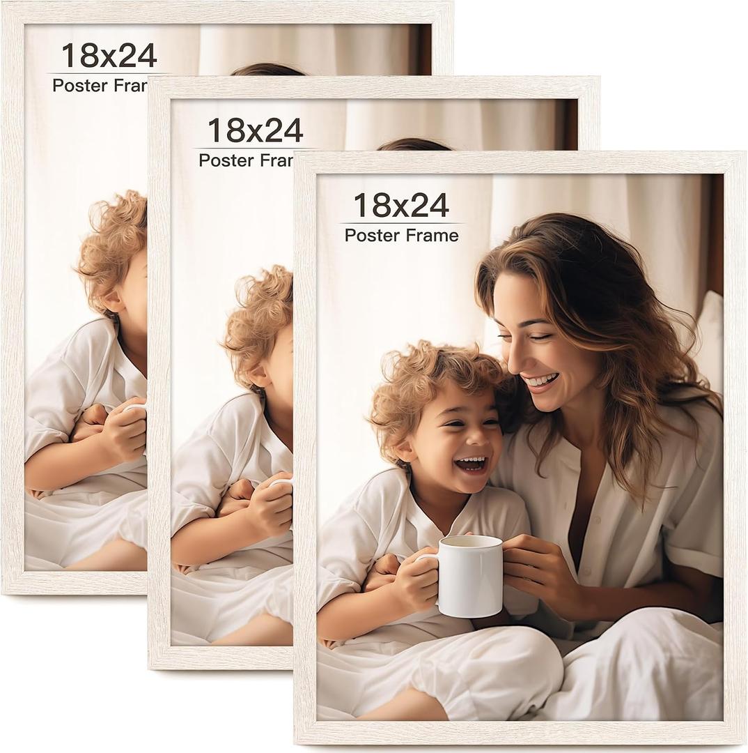 18x24 Picture Frame Set of 3, Distressed White Wood Grain 18 x 24 Frames Gallery Wall Poster Frame for Horizontal and Vertical Wall Mounting (3 pack,White)