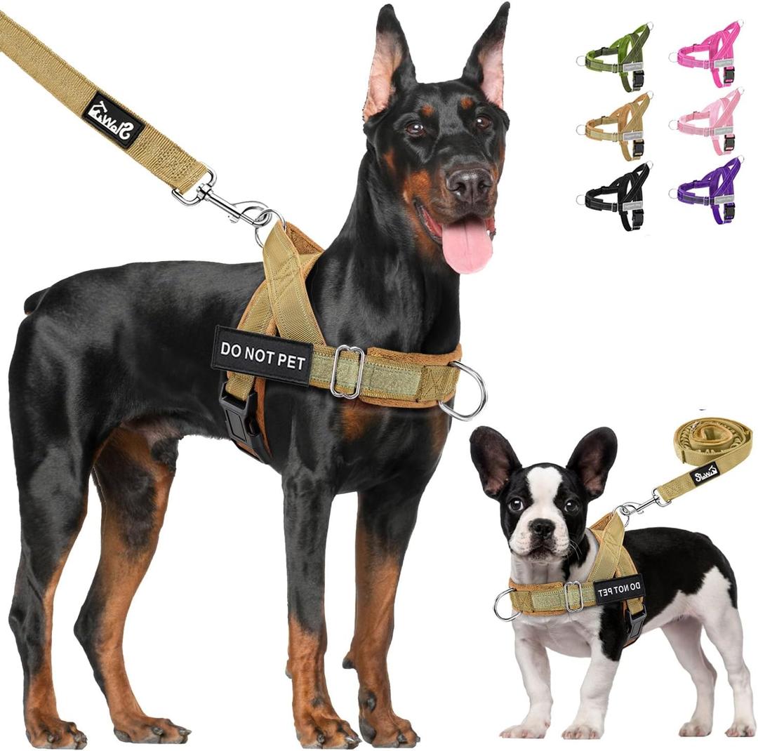 Lukovee No Pull Dog Harness and Leash Set - Heavy Duty Dog Vest with Soft Velvet Padding for Medium Large Dogs, Adjustable Reflective Tactical Harness with 2 Control Handles & Front Clip (M, Yellow)