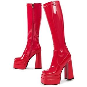 wetkiss Platform Knee High Boots Women Chunky Heel Gogo Boots with Full Side Zipper-Stretchy Party Festival Boots for Cosplay, Costume, Halloween & Costume Events-Not for Wide Calf, 10