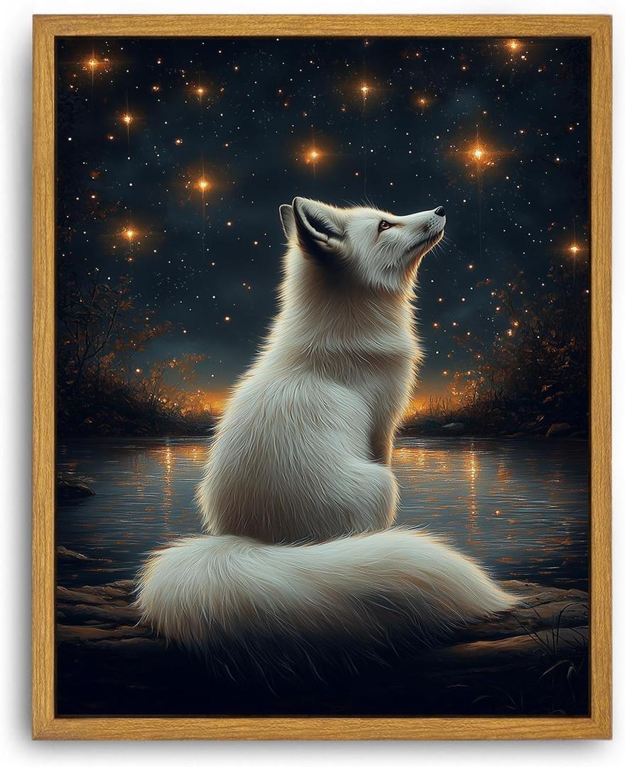 Framed White Fox Wall Art Forest Animal Canvas Prints Starry Night Paintings Wall Decor Woodland Wildlife Pictures Artwork for Living Room Bedroom Bathroom 12x16in