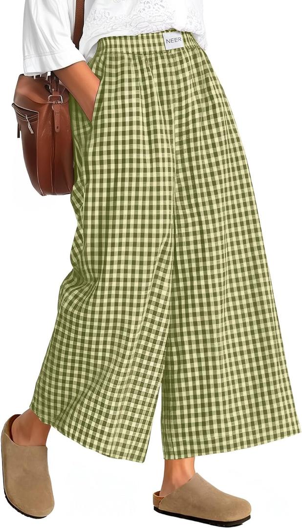 Neer Women's Plaid Gingham Skirt Pants Flowy Oversized Wide Leg Culottes Elastic Waist Palazzo Casual Trousers with Pockets (X-Large)
