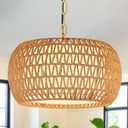 18" Rattan Farmhouse Chandeliers for Dining Room,3-Light Hand-Woven Rattan Chandelier,Fabric Shade Boho Chandelier Pendant Light fixture Drum Chandelier Hanging Lights for Bedroom Kitchen Island