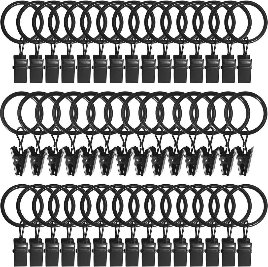 44 Pack Metal Curtain Rings with Clips, Drapery Clips with Rings, Drapes Rings 1 in I D, Fits Diameter 6/8 in Curtain Rod, Black (1" I D 44 Pack, Black)