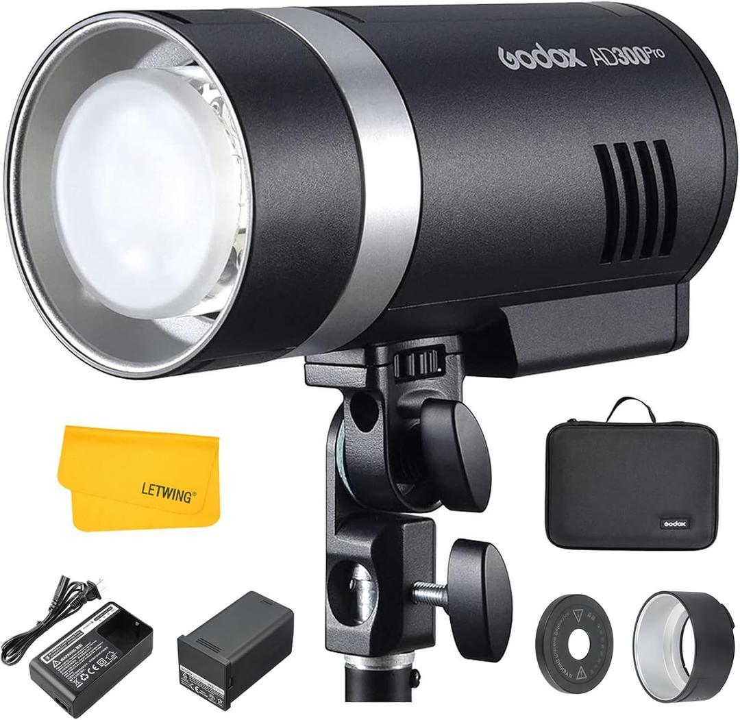 Godox AD300 Pro AD300Pro Outdoor Flash Strobe Light, 300W TTL HSS 1/8000s Studio Flash, 320 Full Power Flashes, 2600mAh Lithium Battery, 12W Modeling Lamp, for Canon Sony Nikon Fuji Olympus Panasonic