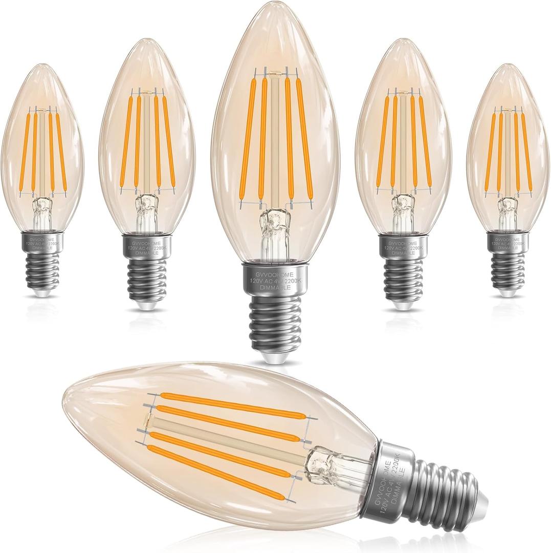 LED Candelabra Light Bulbs, 40 watt Equivalent Chandelier Bulbs, E12 LED Bulb Dimmable, 2200K Amber Warm, B10 Candle Light Bulb, 90+CRI, 400LM, Amber Glass Finish, 6 Pack