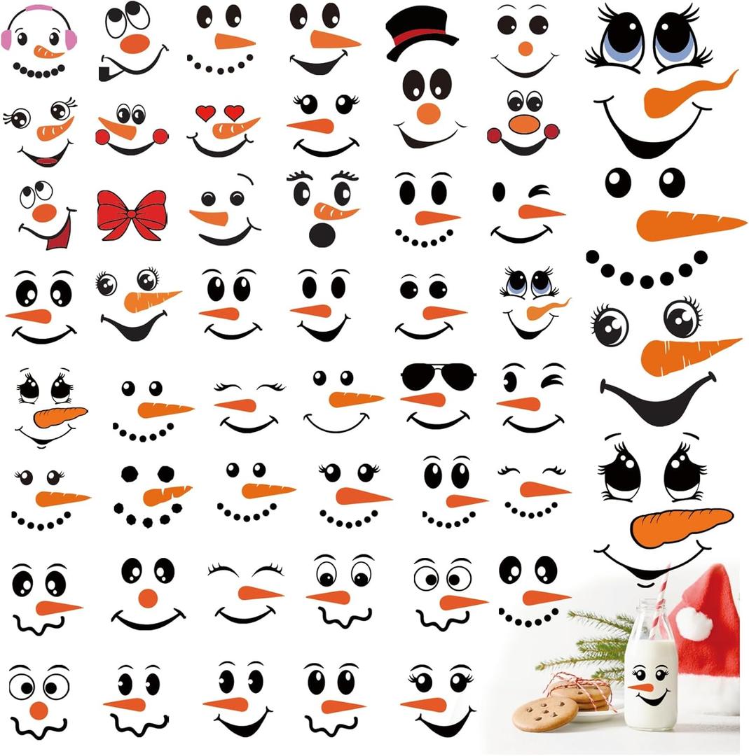 45pcs Snowman Face Stickers for Crafts Cute Christmas Ornaments Vinyl Snow Man Face Decals Xmas Winter Holiday Stickers for Window Glass Cups Balls Jars Wall Party Supplies Home Decoration(face45)