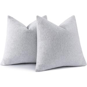 decorUhome Chenille Decorative Throw Pillow Covers 18x18 Set of 2, Farmhouse Textured Square Neutral Solid Accent Pillow Covers for Couch Sofa Bed Living Room Home Decor, Grey White
