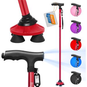 BigAlex Folding Walking Cane with LED Light,Pivoting Quad Base,Adjustable Walking Stick with Carrying Bag for Man/Woman (Alloy Base) (Red(4'9"-5'6"))