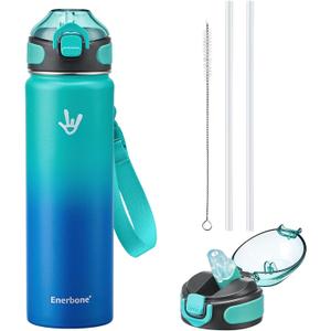 Enerbone 24 oz Insulated Water Bottle, Stainless Steel Bottle with Carrying Strap, Double-Wall Vacuum Insulation Design, Leakproof Sports Bottle with Straw, Keep Drinks Cold or Hot for Hours (Glacier)