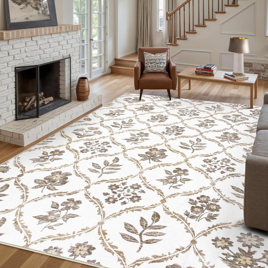 Wonnitar Washable 9x12 Area Rug, Non-Slip Soft Boho Floral Rugs for Living Room, Ultra-Thin Large Bedroom Rug, Farmhouse Rug Floor Carpet for Dining Table (White,9'x12')