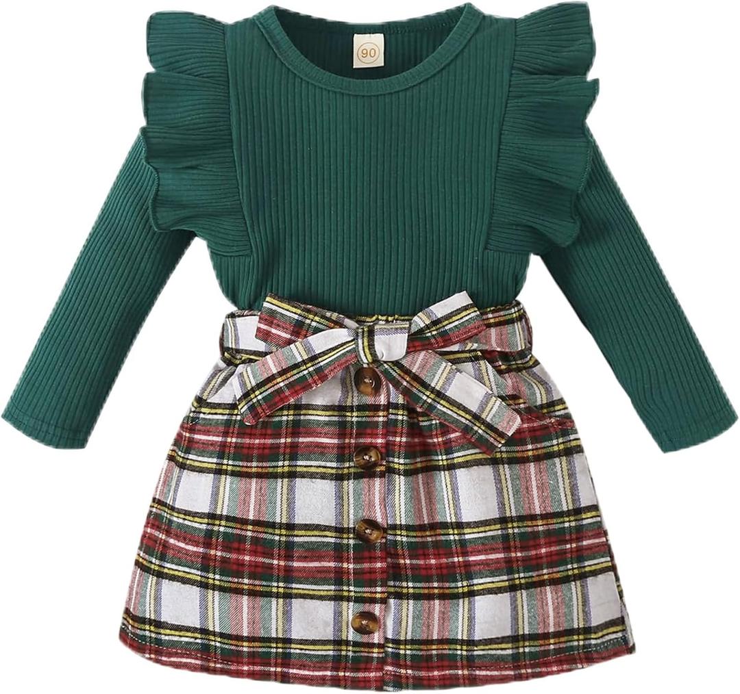 AMAWMW Toddler Baby Girl Fall Winter Clothes Long Sleeve Ruffle Shirt Corduroy Mini Skirt Infant Girl A-line Dress (3-4 Years, A Green + Wine Red Plaid)