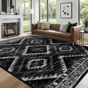 Area Rug 6x9 Rug Machine Washable Non-Slip Low Pile Print Pattern Western Rug for Living Room Bedroom Entryway Tribal Series -Black