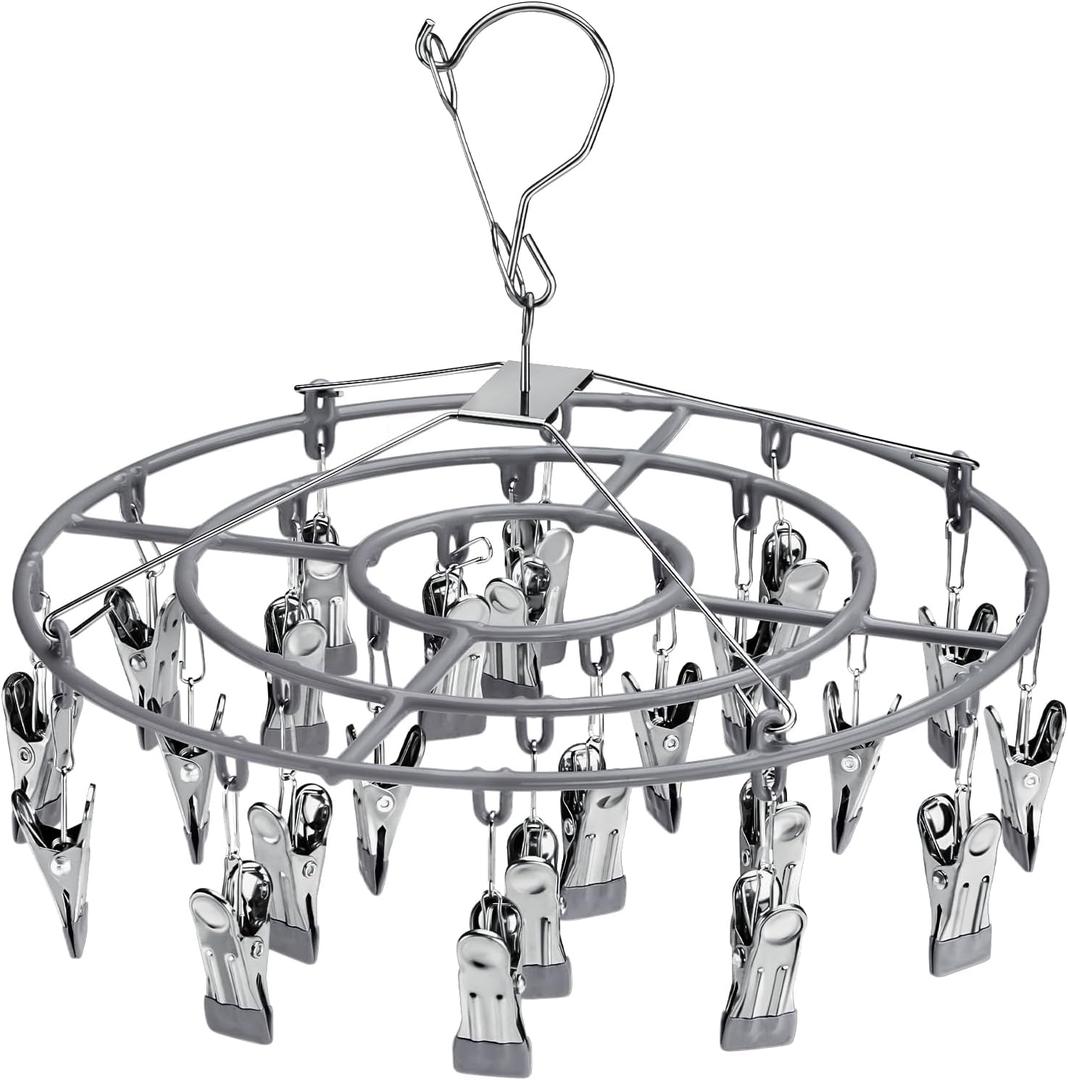PHYDELU Drying Rack Clothing with 24 ClipsSock Hanger for DryingHanging Clothes Dryer Underwear Hangers Racks Laundry Herb Socks Panty Wet Bra Lingerie Baby Delicates Foldable Small Indoor Metal (Light Gray)