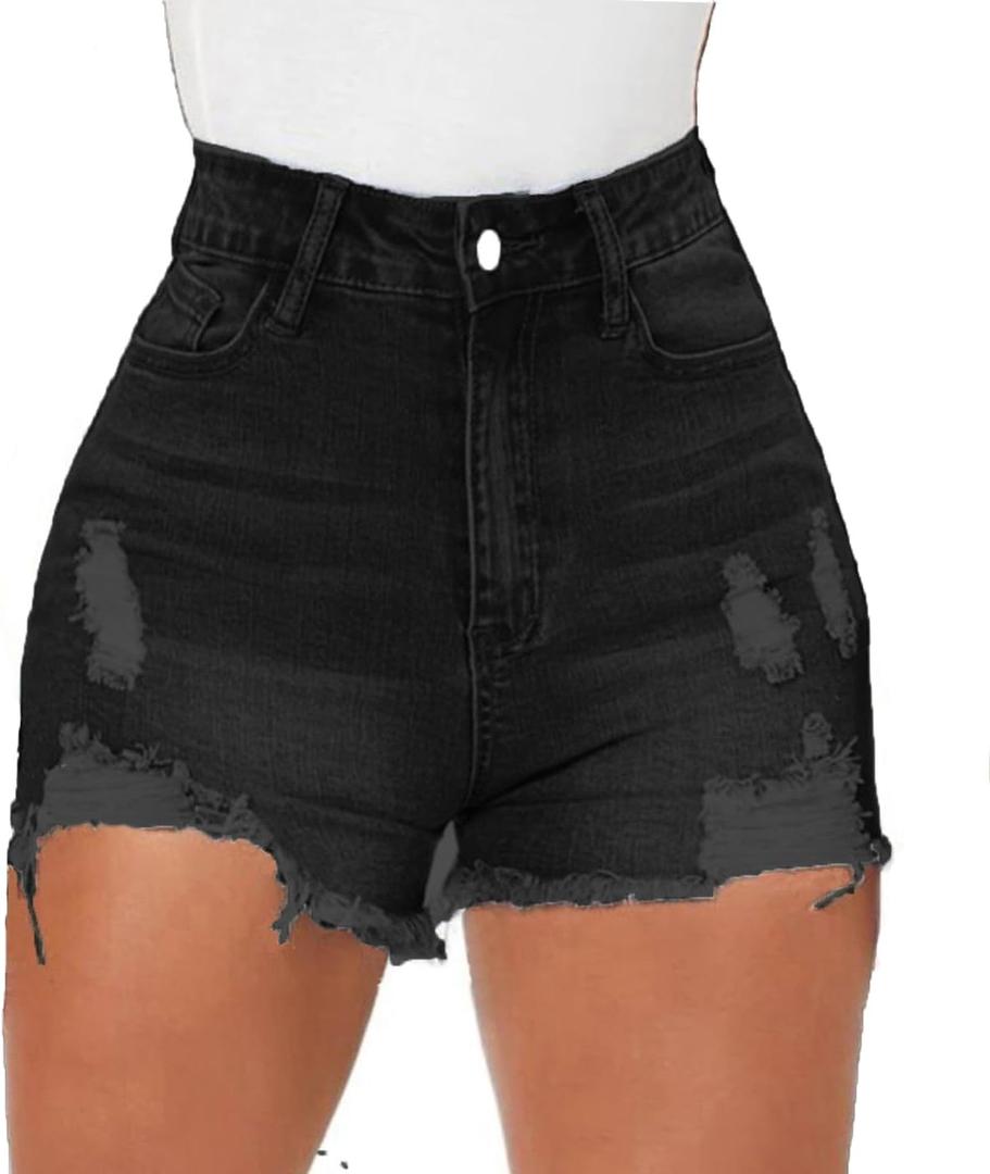 Women High Waisted Skinny Stretchy Denim Shorts Casual Summer Frayed Raw Hem Distressed Ripped Short Jeans (Black, S)